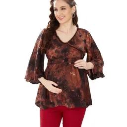 Mom for sure by Ketki Dalal Three Fourth Sleeves Maternity & Nursing Tie Dye Top - Choco Brown-picture-15