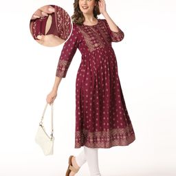Bella Mama Three Fourth Sleeves Woven Printed Yoke Maternity Kurta with Pocket - Wine-picture-24