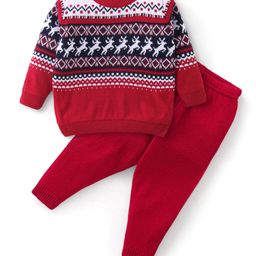 Babyhug Knit Full Sleeves Sweater Set - Red-image-75