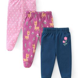 Babyhug Cotton Knit Interlock Footed Bootie Leggings Polka Dots & Deer Print Pack of 3 - Pink Purple & Blue-image-70