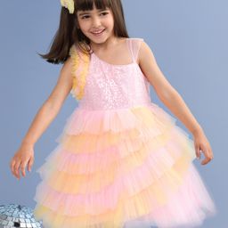 Babyhug Woven Sleeveless Fit and Flare Frilled Party Dress with Sequin & Glitter Detailing- Yellow & Pink-image-34