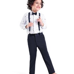 Babyhug Knit Full Sleeves Boat Print  Party Shirt & Trousers with Cap  Bow & Suspender - White & Navy Blue-image-82
