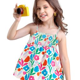 Babyhug Cotton Knit Sleeveless Floral Printed Top with Smocking Detailing - White-image-79