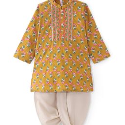 Babyhug Cotton Woven Full Sleeves Jaipur Print Dhoti Kurta Set Gota Lace - Mustard-image-44