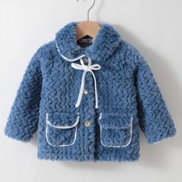 Kookie Kids Full Sleeves Collar Neck Front Open Fur Winter Jacket with Bow Applique - Blue-image-72