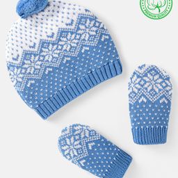 Babyhug 100% Organic Woollen Cap & Mittens With Pom Pom Applique & Floral Design Blue - Diameter 10 cm-14