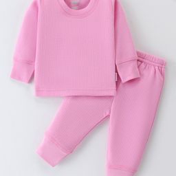 Mom's pet Cotton Full Sleeves Solid Ribbed Thermal Set - Light Pink-image-65