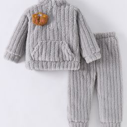 Kookie Kids Full Sleeves Winter Wear Night Suit With Kangaroo Pockets & 3D Applique - Grey-image-87