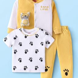 Babyhug Terry Knit Full Sleeves Front Open and Pullover T-shits With Pant & Animal Print - Yellow-image-31