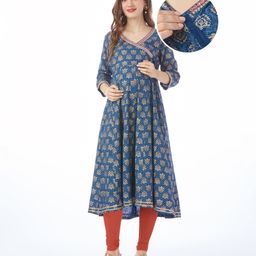 Bella Mama Woven Over Lapping Front Three Fourth Sleeves Maternity Kurta With Pocket Kolka Print- Blue-image-25