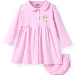 Babyhug Cotton Knit Full Sleeves Peter Pan Collared Frock withBloomer & Floral Print - Pink-image-67