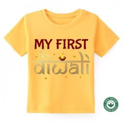 BLUSHES Diwali Theme 100% Cotton Half Sleeves My First Diwali Text Printed Tee - Yellow-picture-36