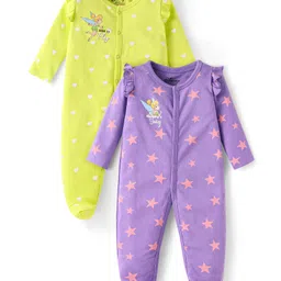 Babyhug Disney Interlock Knit Full Sleeves Sleep Suits with Tinker Bell Graphics & Frill Detailing Pack of 2 - Green & Purple-picture-48