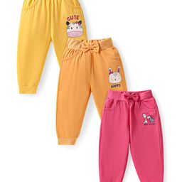 Doodle PoodleCotton Knit Full Length Lounge Pants with Animal Print & Bow Applique Pack of 3 - Yellow Pink & Mustard-image-82