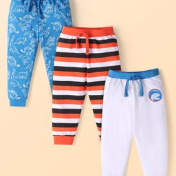 Babyhug Single Jersey Full Length Lounge Pants with Strips & Dino Print Pack of 3 - Blue Grey & Orange-image-88