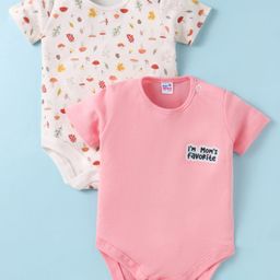 Ben Benny 100% Cotton Knit Half Sleeves Onesies with Tropical Theme & Text Print Pack of 2 - Pink & White-image-25