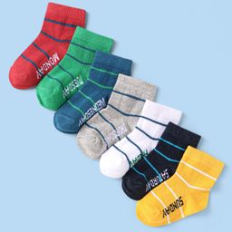 Cute Walk By Babyhug Knit Ankle Length Anti-Bacterial Socks with Stripe Design Pack of 7 - Yellow Gray & Navy Blue-image-18