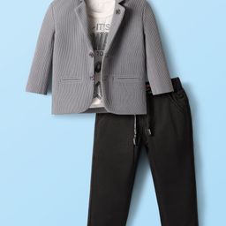 Rikidoos Full Sleeves Ribbed Blazer With Typography Printed Tee & Pant Set - Grey & Black-image-8