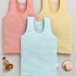 BUMZEE Cotton Knit Sleeveless Solid Colour Vests Pack Of 3 - Coral Light Blue & Khaki-image-32