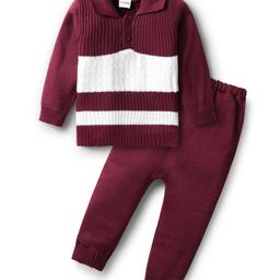 Babyhug Knitted Full Sleeves Sweater Set With Color Block Design - Maroon & White-picture-9