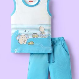 Babyhug Single Jersey Knit Sleeveless Tank T-Shirt & Shorts Set with Animal Print - Light Blue-image-75