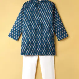 TEENTAARE Cotton Woven Mandarin Collar Full Sleeves Kurta Pajama Set With Floral Print - Navy Blue & White-picture-29