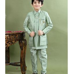 BT DEZINES Silk Blend Woven Full Sleeves Solid Sherwani & Pant With Chevron Embroidered Jacket & Necklace Set - Light Green-image-80