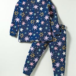 CUCUMBER Sinker Knit Full Sleeves Co-Ords Night Suit With Star Print - Navy Blue-image-58