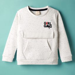 Olio Kids Knitted Full Sleeves Winter T-Shirt With Kangaroo Pockets & Girl Gang Print - White-picture-14