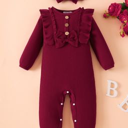 Mark & Mia Full Sleeves Winter Wear Romper with Frill Detailing Bow Applique & Headband - Maroon-picture-25