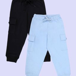Kiddopanti Pack Of 2 Cotton Fleece Knit Solid Cargo Pocket Detailed Track Pants - Black & Ink Blue-picture-22