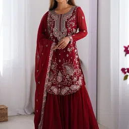 LeeliPeeri Designer Floral Embroidered Georgette Sequinned Kurta With Sharara And Dupatta image 5
