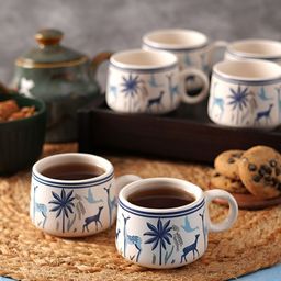 Aura White & Blue Printed Ceramic Glossy Cups Set of Cups and Mugs-20