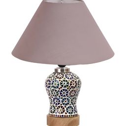 Devansh Grey & White Textured Wooden Frustum Shaped Table Lamp With Mosaic Glass Base image 4