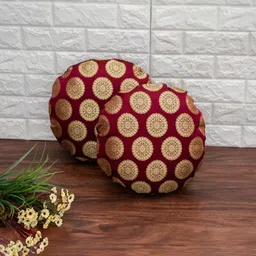 RoyalDeco Maroon & Gold-Toned Set of 2 Floral Round Cushion Covers-image-53
