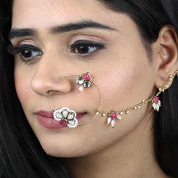 BeAbhika Gold-Plated Kundan Studded & Beaded Chained Nosepin-image-29
