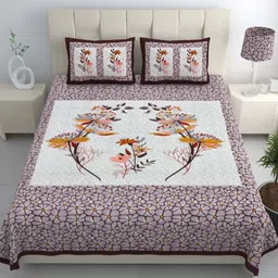 LIVING ROOTS White & Purple Floral Printed 210 TC King Bedsheet with 2 Pillow Covers-image-9