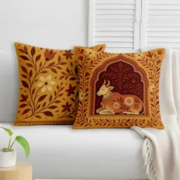 STITCHNEST Mustard & Maroon 2 Pieces Ethnic Motifs Satin Square Cushion Covers-image-43