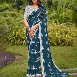 KALINI Floral Block Printed Mulmul Cotton Saree With Blouse-picture-6
