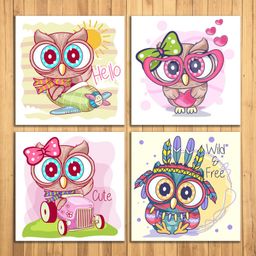 Wens Cute Owl Sparkle Laminated Wall Panels Set of 4 - Multicolour-17