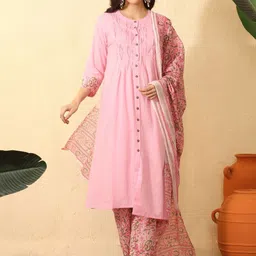 Sangria Women Ethnic Motifs Panelled Thread Work Pure Cotton Kurta with Trousers & With Dupatta-picture-30