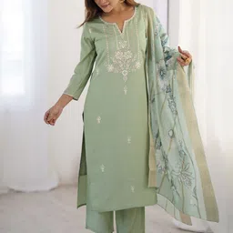 Wedani Floral Embroidered Thread Work Notch Neck Straight Kurta With Pyjamas & Dupatta-picture-54