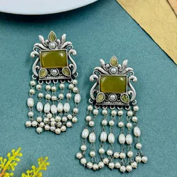 NAMAN ARTS Silver-Plated Artificial Stones Studded And Beaded Contemporary Drop Earrings-43