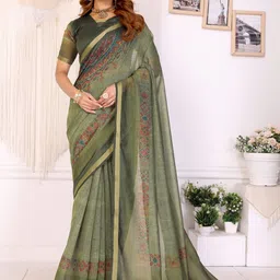 HERE&NOW Green Printed Cotton Blend Chanderi Sarees-picture-47