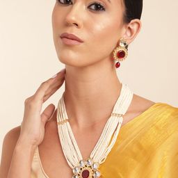 Anouk Pearl Gold Plated Artificial Stone Studded Beaded Layered Necklace & Earring Set-picture-28