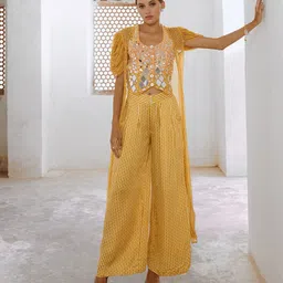 Pallavi Jaipur Embroidered Round Neck Top And Palazzo With Shrug-picture-3