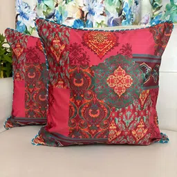 TARA- Sparkling Homes Red & Yellow Set of 2 Ethnic Motifs Velvet Square Cushion Covers-18