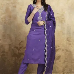 Rujave Floral Embroidered V-Neck Thread Work Chanderi Cotton Kurta With Trousers & Dupatta-20