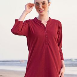 TITTLI Women Solid Mandarin Collar Pure Cotton T-shirt-image-6