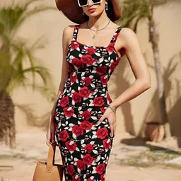 attire empire Black and Red Floral Print Midi Bodycon Dress-picture-0
